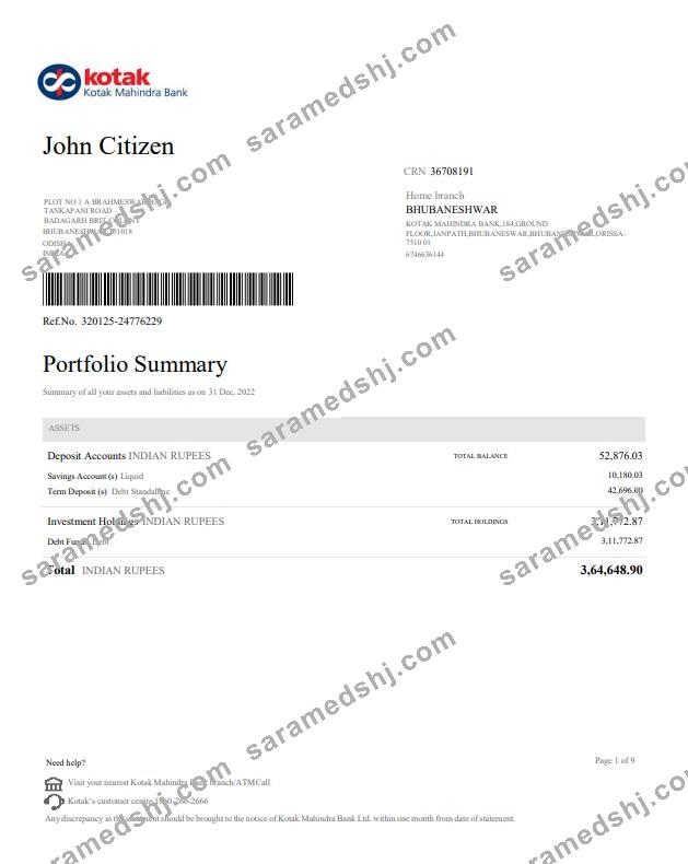 India Kotak Mahindra Bank statement template, Word and PDF format, 4 pages, version 2